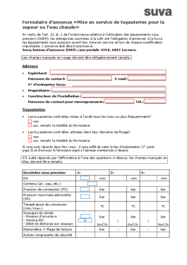 Formulaire d’annonce pour les tuyauteries pour la vapeur ou l’eau chaude