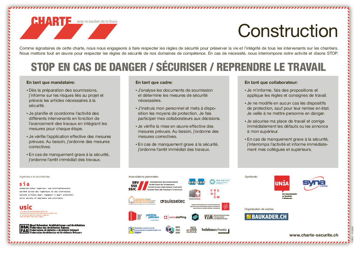 Tableau Charte de la sécurité: Prévention des accidents dans la construction